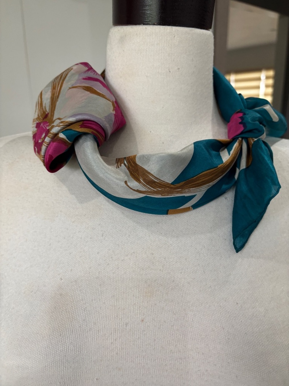 Silk Floral Teal & Pink Neck Scarf - Picture 3 of 10